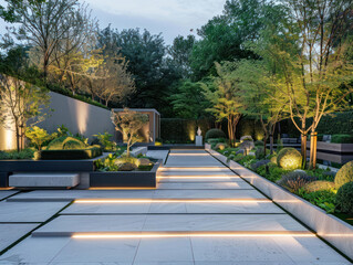 Sleek modern garden with geometric stone paths, minimalistic plant selection, and LED lighting