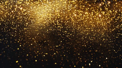 Golden glitter sparkles on a dark background. Close-up abstract photography for festive design and print.
