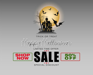 Holiday design, background with handwriting text, haunted house, bats in moonlight and scarecrow for Halloween celebration, sales and commercial events; Vector illustration.