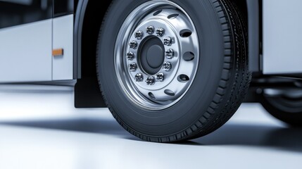 A detailed close-up of a bus's wheel and tires on a white background, highlighting the mechanics of public transportation.