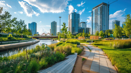 Fototapeta premium Urban waterfront landscape with a mix of modern architecture, green spaces, and pedestrian pathways