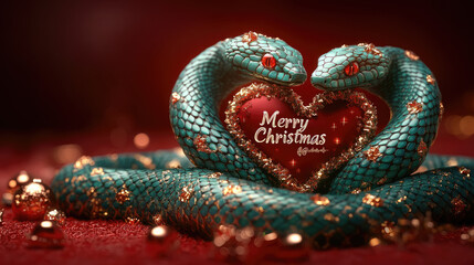 green snake curved in the shape of a heart, the inscription "Merry Christmas" in the center of the heart, red background, New Year, postcard, congratulations, celebration, winter, December, Xmas