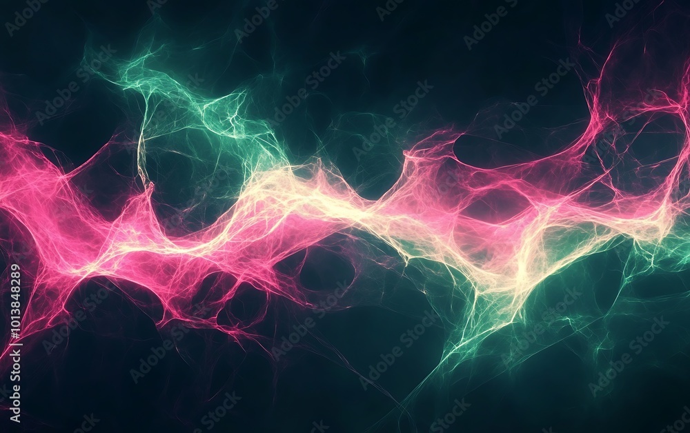 Poster colorful abstract waves of light blend vibrant pink and green hues against a dark background, creati