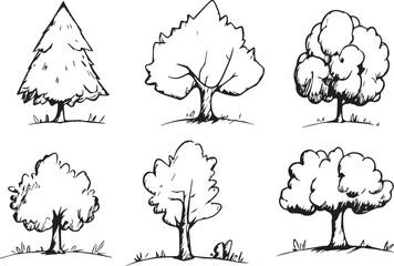 Silhouette tree set. Side view, set of graphic trees elements outline symbol for architecture and landscape design drawing. Hand drawn vector illustration	