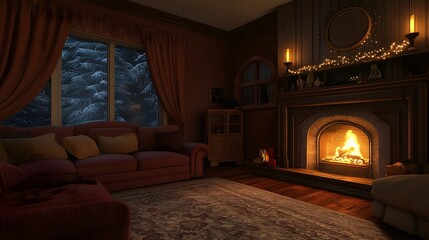 Fototapeta premium Home living room with a relaxing zone, fireplace, and window