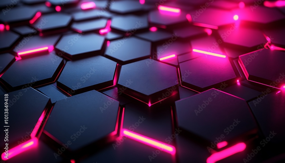 Poster A digital pattern of interconnected hexagons illuminated with vibrant pink lighting against a dark background.