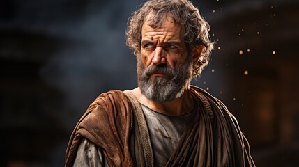 Obraz premium Portrait of an elderly man with a rugged appearance, dressed in ancient attire suitable for historical content, dramatic scenes, or storytelling visuals,