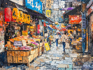 Naklejka premium Dynamic and energetic street scene in a bustling Asian market, with street vendors, vibrant textiles, and a myriad of colors and textures.