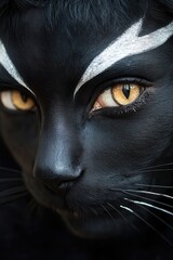 Naklejka premium Close-up of a black cat's face with yellow eyes and white facial markings, perfect for Halloween themes, feline beauty, or fantasy art