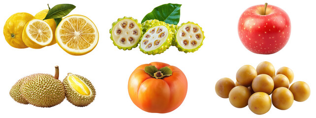 Variety of Fresh Fruits Including Durian and Persimmon