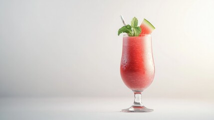 A refreshing watermelon smoothie in a clear glass with mint garnish, standing out against a pure white surface.