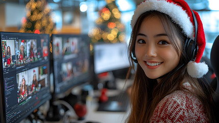 A joyful Asian woman wearing headphones and smiling while enjoying music in a relaxed environment, capturing the essence of happiness and calmness through modern technology. The photo showcases her po