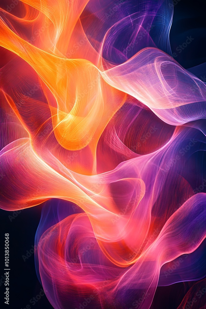 Poster A mesmerizing blend of vibrant colors resembling flowing waves, with a dynamic interplay of light and shadow against a dark backdrop.