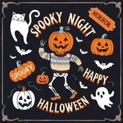 Collection of halloween cartoon style posters , Skeletons and cars,bats and pumpkins