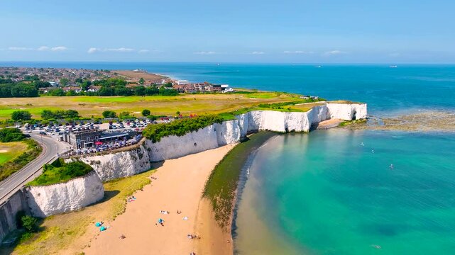 Aerial view of Kingsgate Bay, a sheltered sandy cove backed by high white chalk cliffs, Kent, England, UK