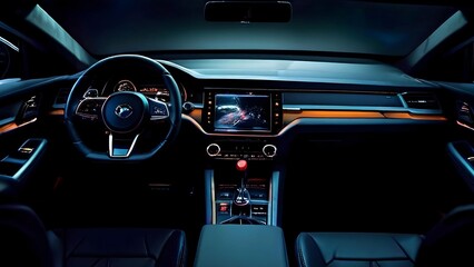 Electric car interior details adjustments. Inside car interior with front seats, driver and passenger, textile, multimedia, windows, console, gear shift, electric buttons, digital speedometer.
