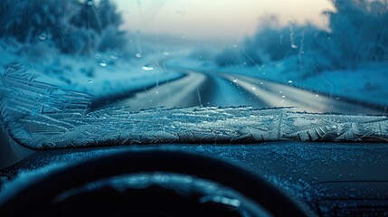 The windscreen of a car covered in frost and ice on a winter morning, close up