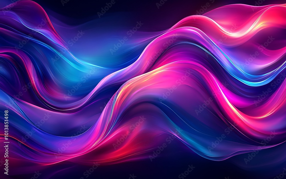 Poster a vibrant, abstract design featuring flowing waves of purple, pink, and blue, creating a dynamic and