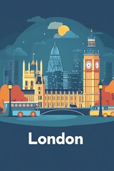 Obraz premium Vintage style London travel poster illustration with the Big Ben and cityscape in the background