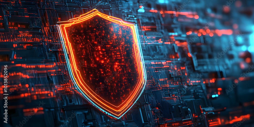Poster an advanced digital firewall shown as a luminous shield safeguarding a complex network, illustrating