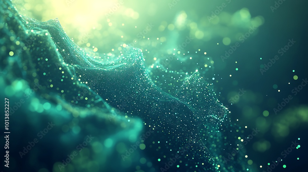 Poster A mesmerizing underwater scene with glowing particles and soft waves, creating a tranquil and ethereal atmosphere.