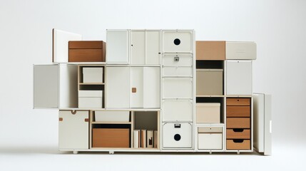 A well-designed container cabinet with various compartments, elegantly arranged on a white background, perfect for maximizing storage in tight areas.