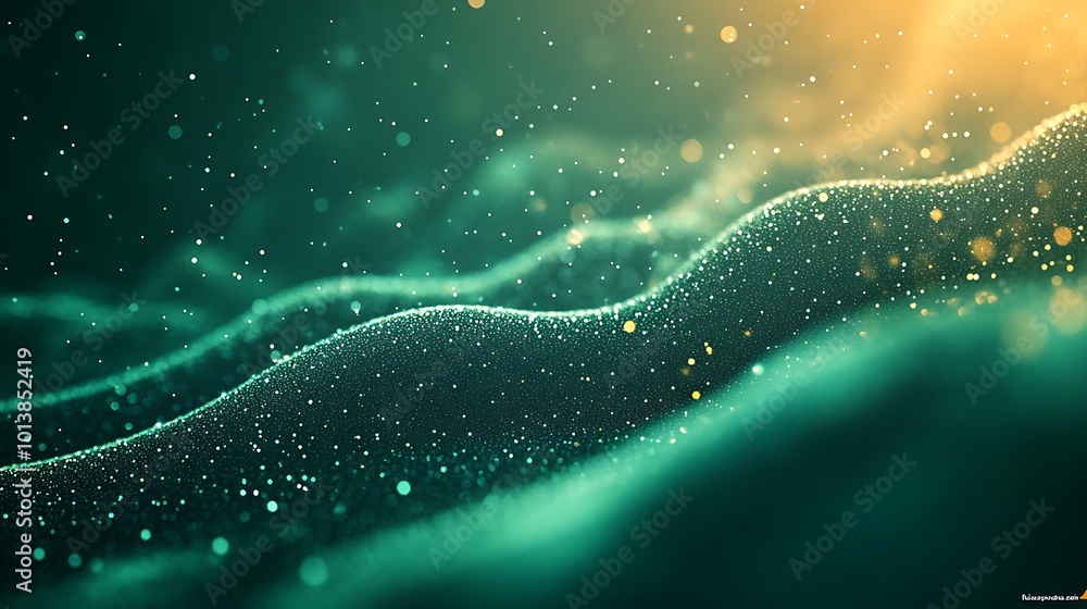 Poster a serene, abstract depiction of waves with shimmering particles, creating a soothing blue-green ambi