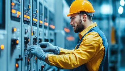 Engineer operating control panel, focused on electrical machinery, wearing safety gear and helmet, bright industrial setting.