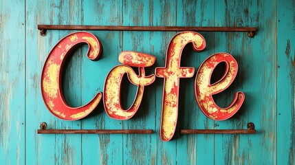 Vintage cafe sign on a rustic wooden background, showcasing colorful letters and a charming, inviting atmosphere.