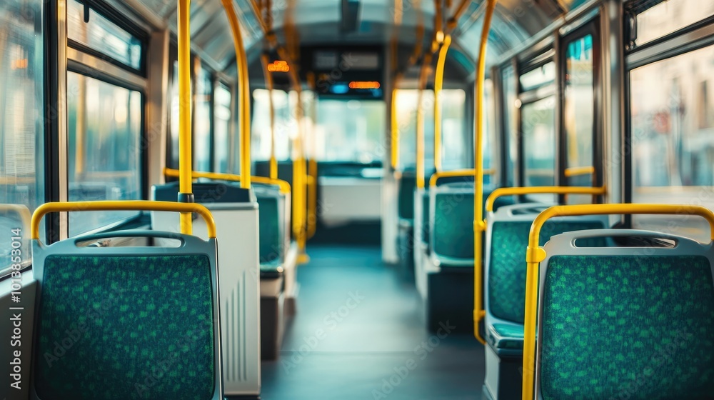 Poster an empty public transport bus with spacious seating, captured on a white background to emphasize com