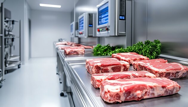 Fresh meat cuts displayed on stainless steel tables in a modern processing facility.
