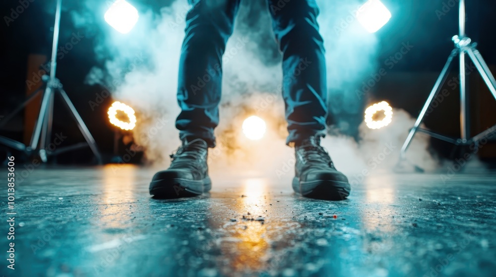 Poster a stunning visual of a performer's feet set against a dramatic backdrop of stage lights and smoke, c
