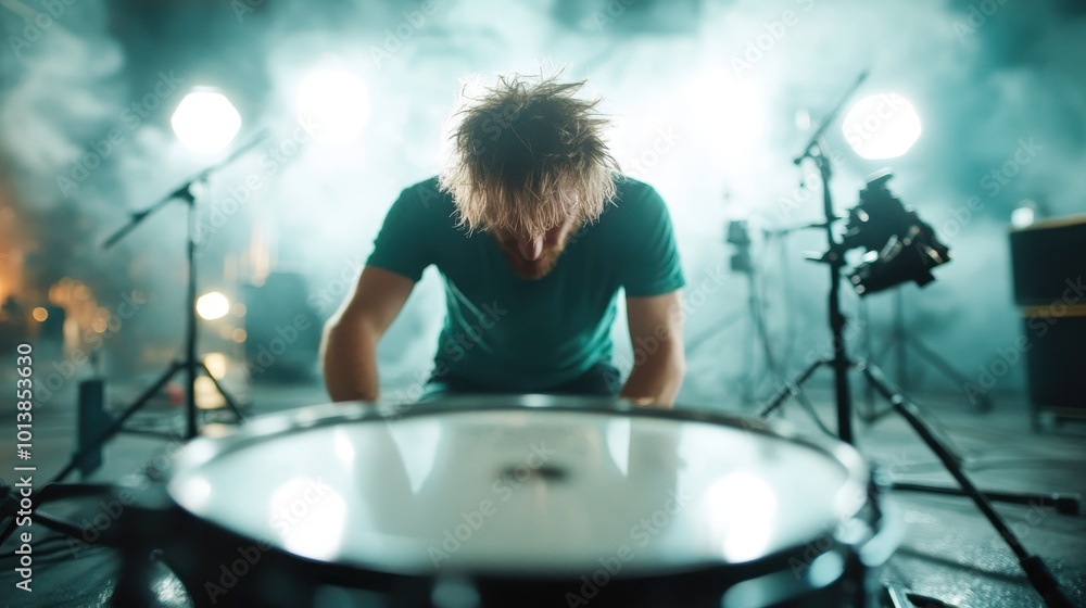 Poster the image captures a focused drummer energetically performing on stage, surrounded by bright lights 