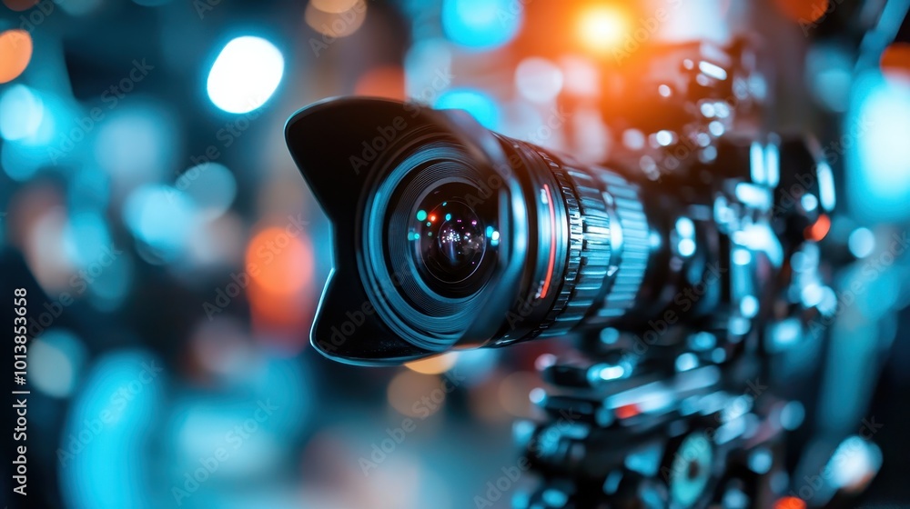 Poster a detailed close-up of a camera lens capturing vibrant bokeh light effects, highlighting the intrica