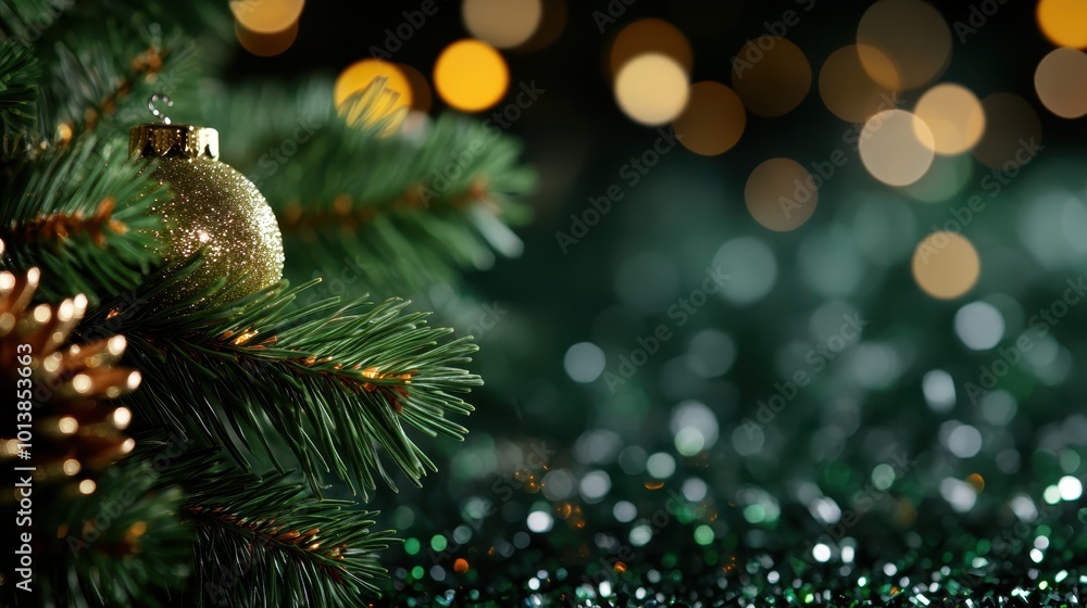 Poster festive image showcasing a close-up of a golden ornament on a pine tree, highlighted with soft focus