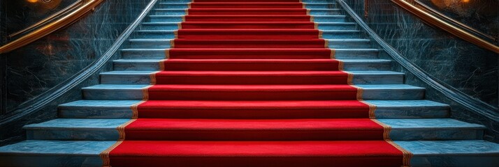 Red carpet on the stairs on a dark background. The path to glory, victory and success