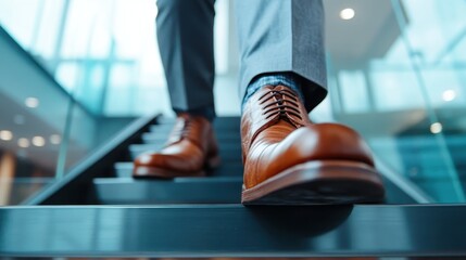 Fototapeta premium A close-up angle showing a business person in formal leather shoes stepping downward on a staircase, capturing a sense of movement and professionalism.