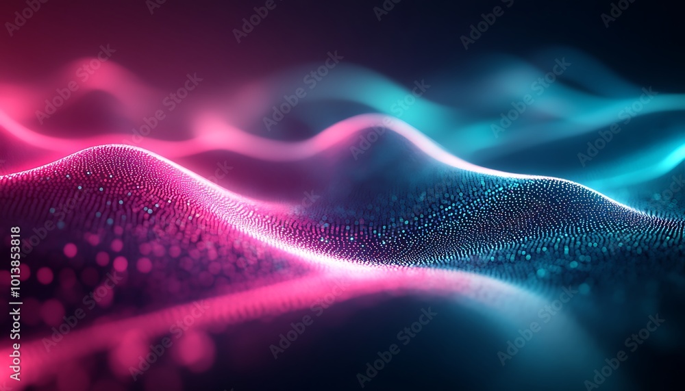 Poster A vibrant digital wave pattern in purple and teal, showcasing glowing particles that create a dynamic, energetic visual.