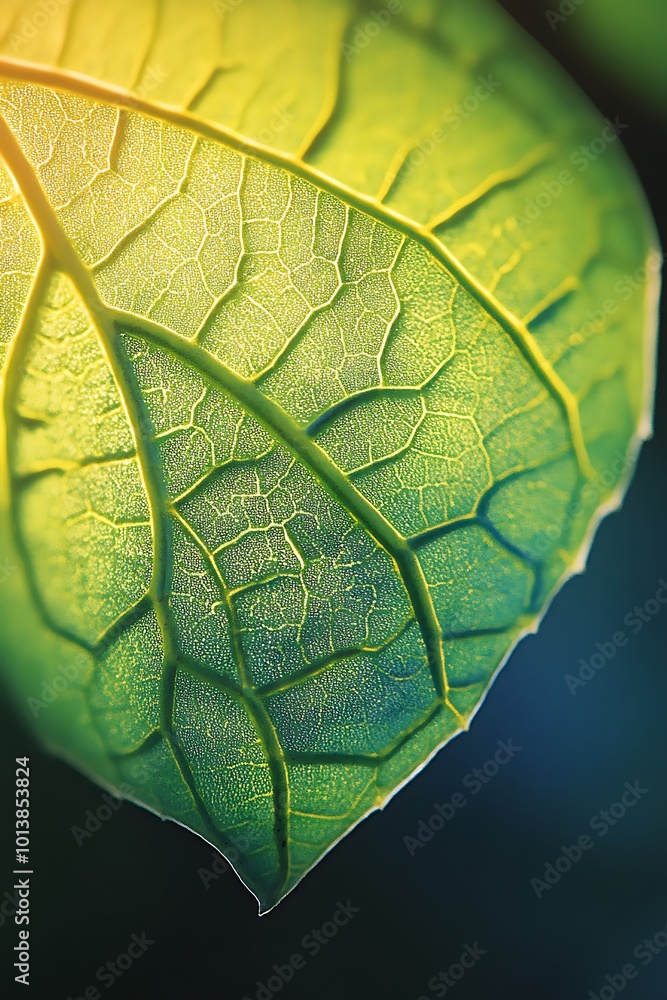 Wall mural Close up of a vibrant green leaf with intricate veins and a natural light glow