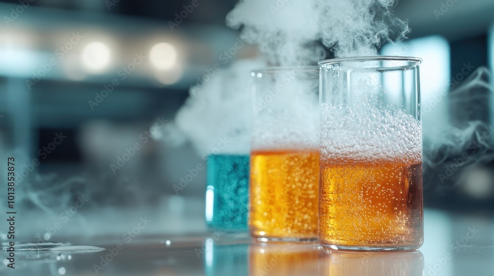 Poster a captivating image of transparent beakers filled with vivid, bubbling liquids emitting steam, creat