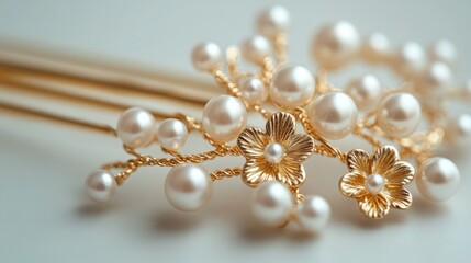 Close up of a gold hair clip with pearl and flower accents.