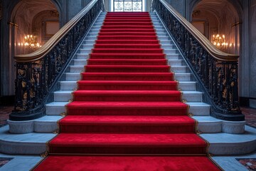 Obraz premium Red carpet on the stairs on a dark background. The path to glory, victory and success