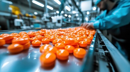 Obraz premium In a brightly lit pharmaceutical manufacturing facility, orange pills move along a conveyor belt, guided by gloved workers focused on precision and quality control.