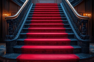 Red carpet on the stairs on a dark background. The path to glory, victory and success