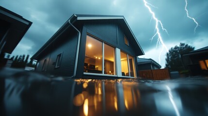 Elegant modern house amidst a powerful lightning storm, showcasing the interaction between human dwellings and the grandeur of nature's electrifying displays.