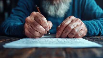 An intimate close-up of elderly hands skillfully writing on a sheet of paper with a classic fountain pen, capturing the essence of human expression and timeless tradition.