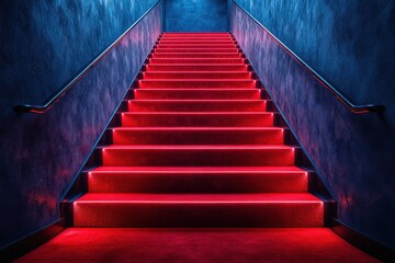 Obraz premium Red carpet on the stairs on a dark background. The path to glory, victory and success