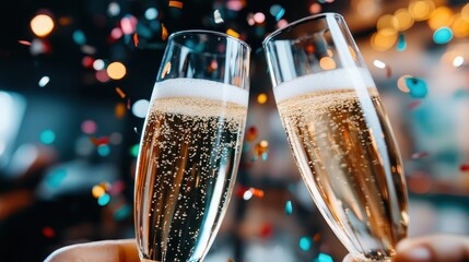 Clinking champagne glasses filled with fizzing bubbles as vibrant confetti floats around, perfectly capturing the essence of celebration and joy in festive moments.