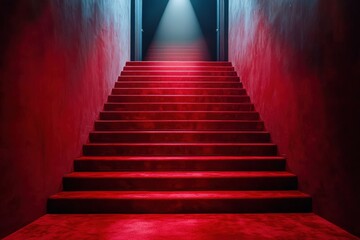 Red carpet on the stairs on a dark background. The path to glory, victory and success