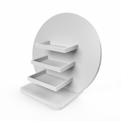 Supermarket Promotional Display Rack. Empty Three Tier Product Display Stand. PDQ Display. 3D Render Illustration.